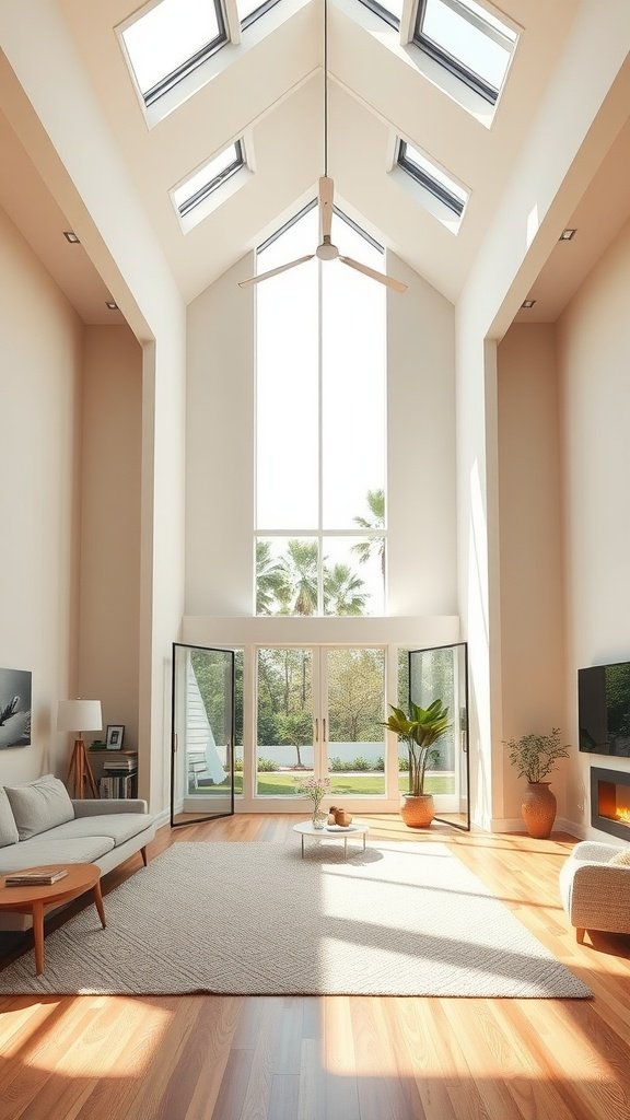 Bright living room with high ceilings and skylights