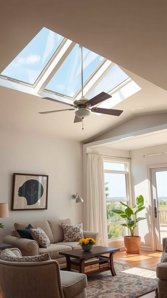 Bright living room with skylights and a ceiling fan