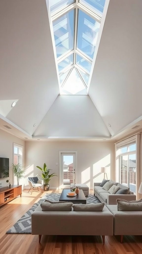 Bright and airy living room with a skylight that enhances light and spaciousness.