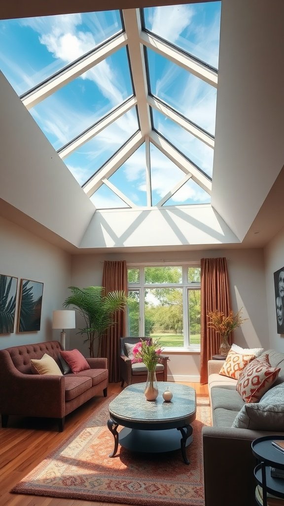 A modern living room with a stunning skylight and stylish decor.