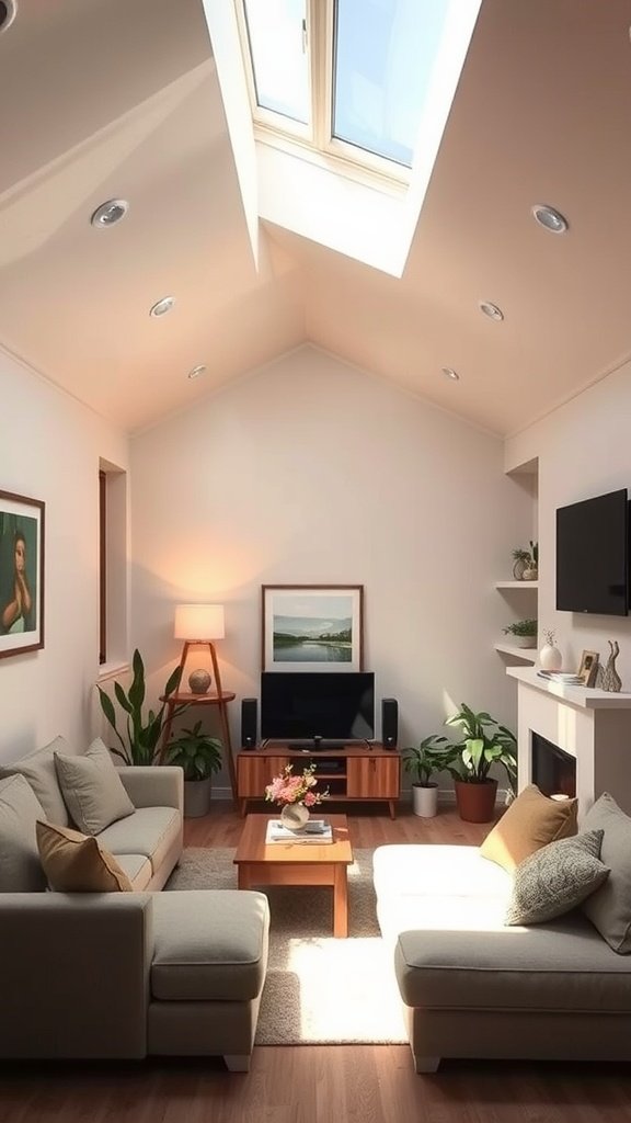 Cozy living room with skylight tube, light furniture, and plants.