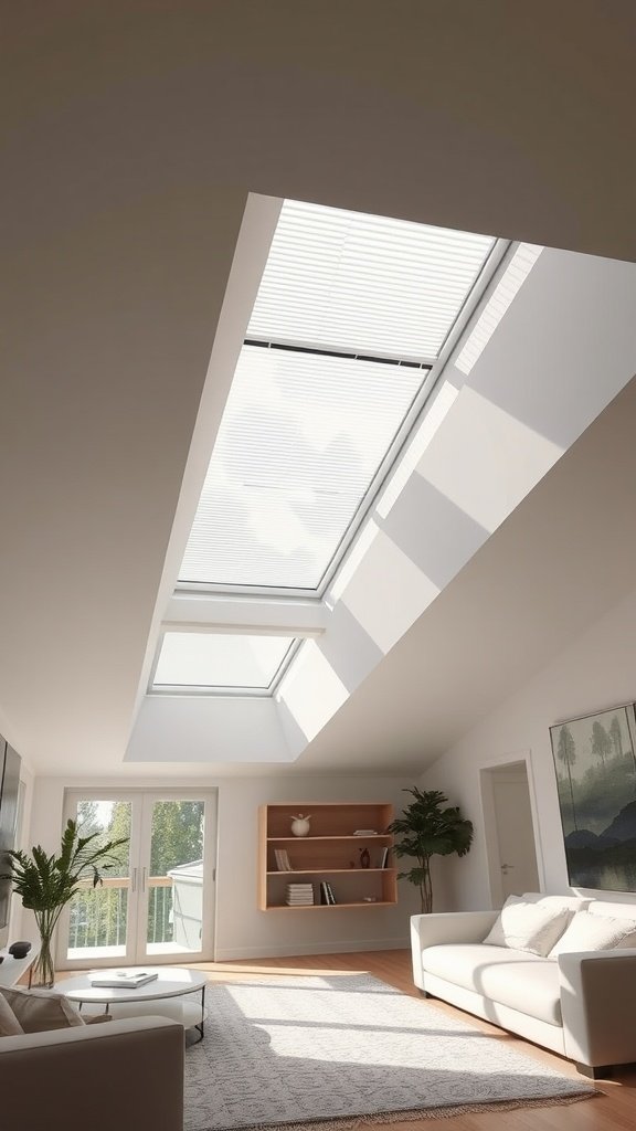 Living room with skylights and integrated blinds, showcasing a bright and airy design.