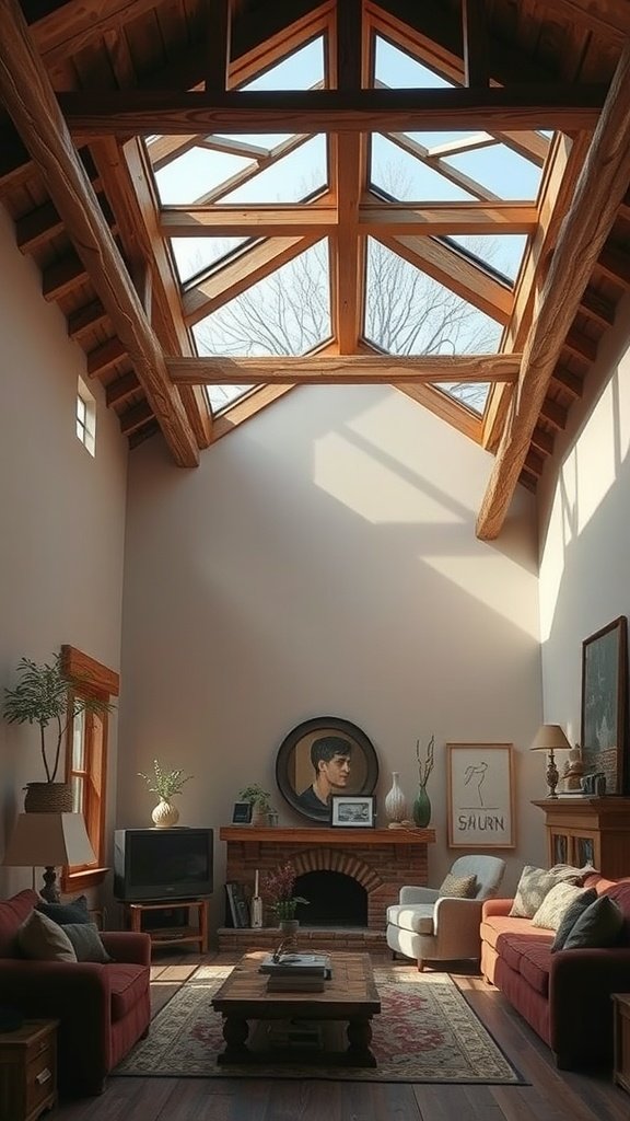 A living room with wooden skylights that brighten the space.
