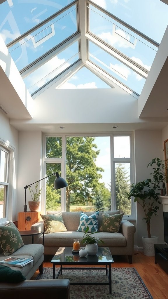 A bright living room featuring a modern skylight with a view of the sky and trees.