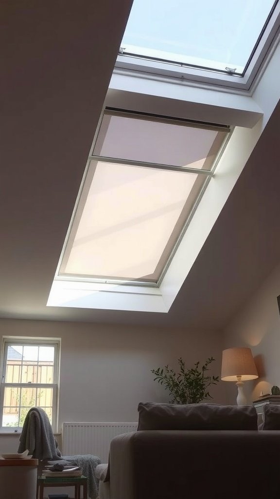 A skylight with automated shades in a cozy living room with a plant and lamp.