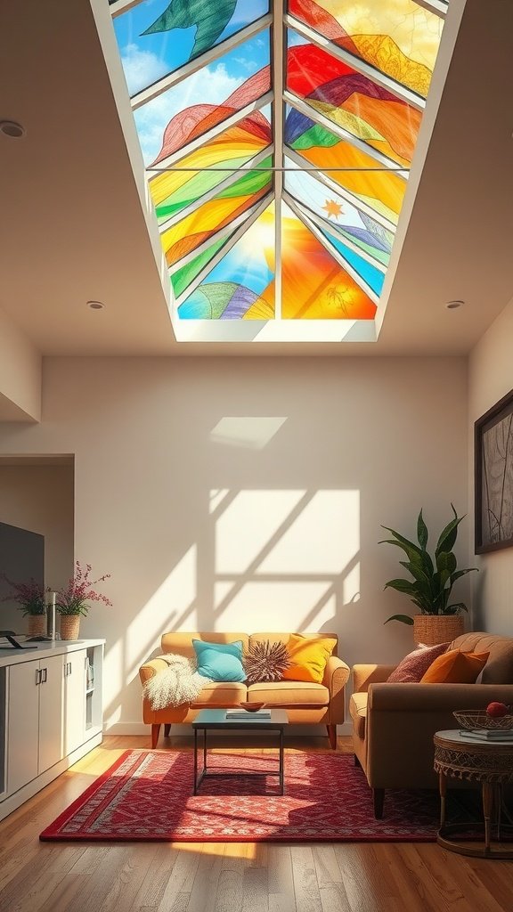 A living room with a colorful skylight illuminating the space.
