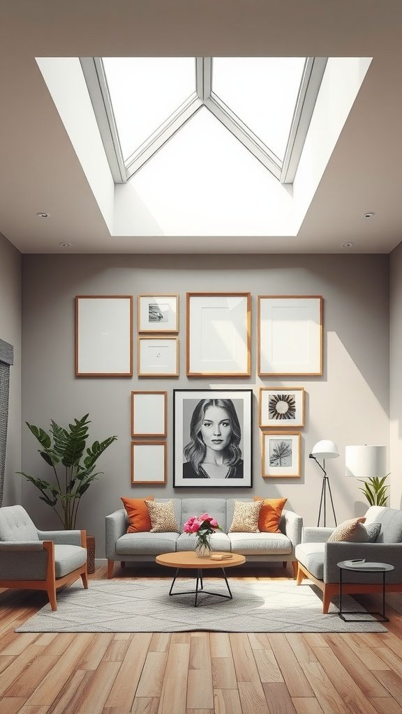 Cozy living room with a stylish skylight and framed artwork on the walls.