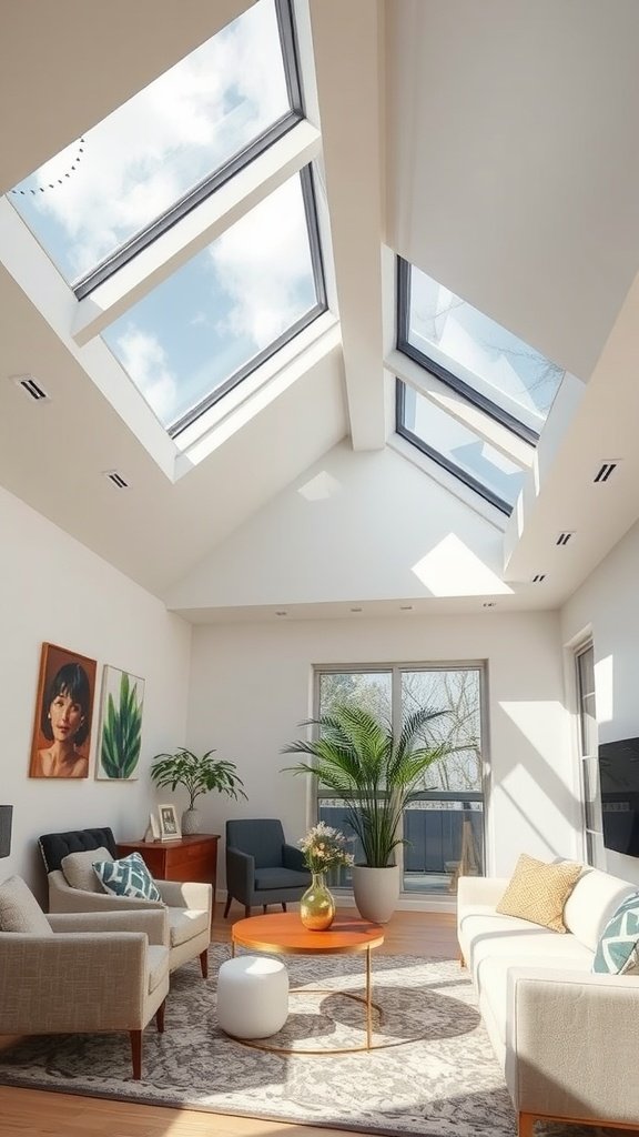 A bright living room featuring skylights with modern design.
