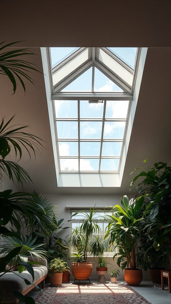 Bright living room with a skylight and lots of greenery.