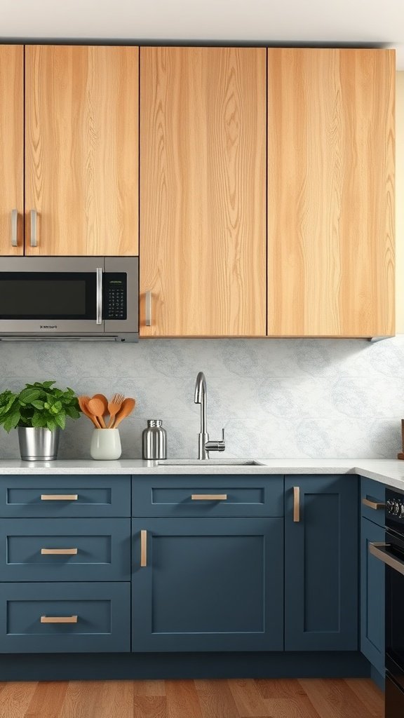 A kitchen featuring slate blue lower cabinets with birch wood upper cabinets, showcasing a modern design.