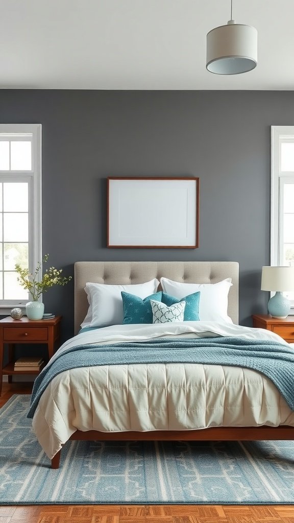 A stylish bedroom featuring slate gray walls and aqua accents, with a cozy bed and wooden furniture.