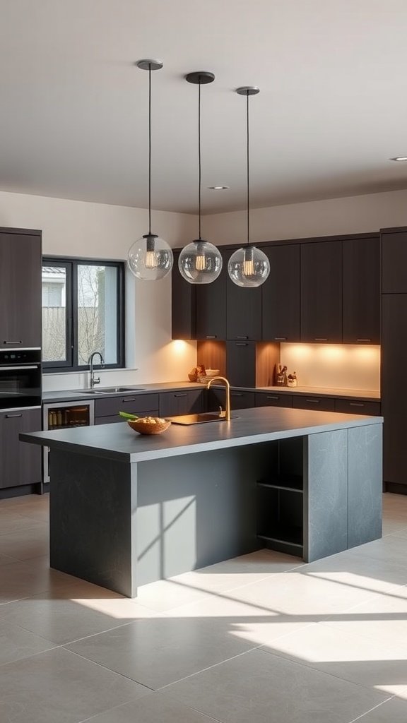 Stylish kitchen with a slate grey island and dramatic lighting.