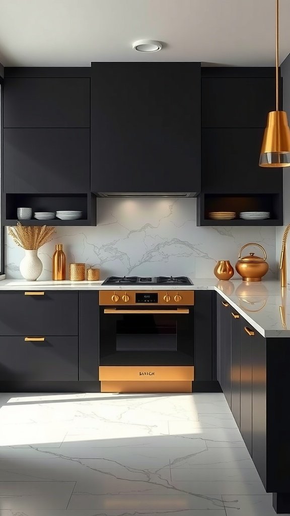 A modern kitchen featuring black cabinetry and gold accents.
