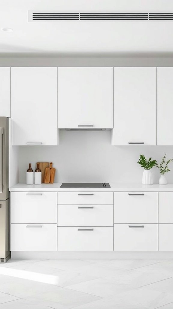 A modern minimalist kitchen with sleek white cabinets and simple storage solutions.