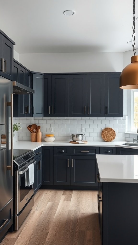 A modern kitchen featuring charcoal cabinetry and white countertops.