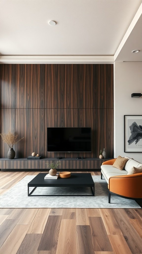 Modern living room with sleek dark stained wood accent wall and light furniture.