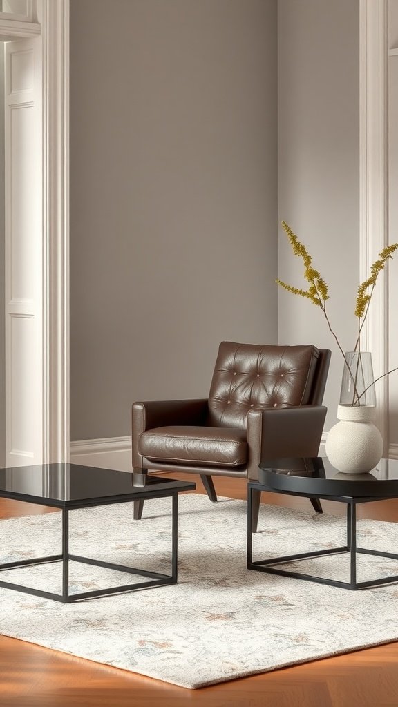 A sleek leather chair with modern coffee tables in a living room setting.