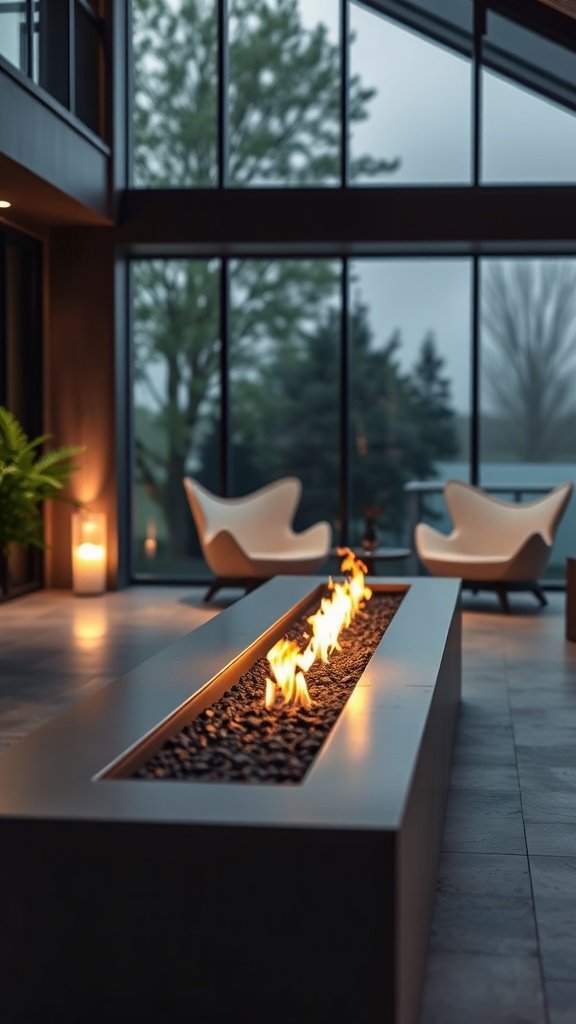 A sleek linear fire pit indoors with flames and modern chairs.