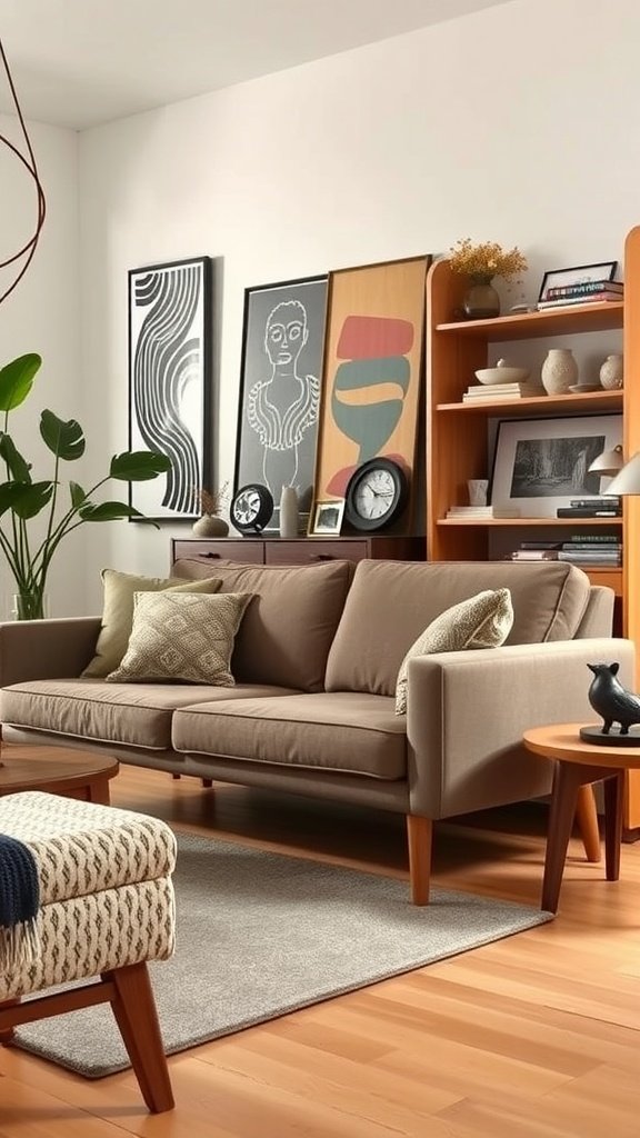 A stylish mid-century modern living room featuring a sleek 24 statement sofa, cozy accent pillows, and warm wooden accents.
