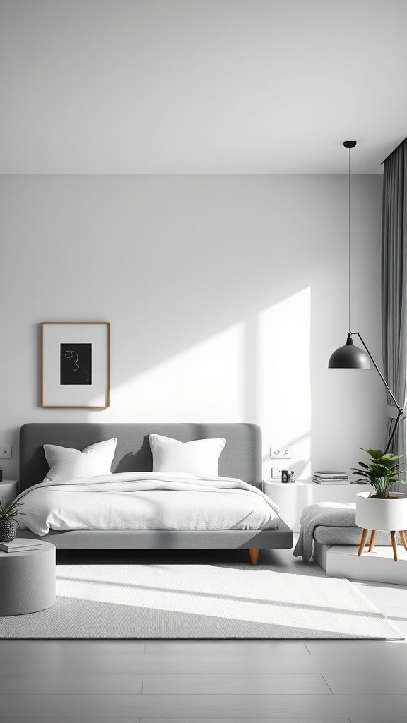 A minimalist black and white bedroom featuring a bed, pillows, and a stylish lamp.