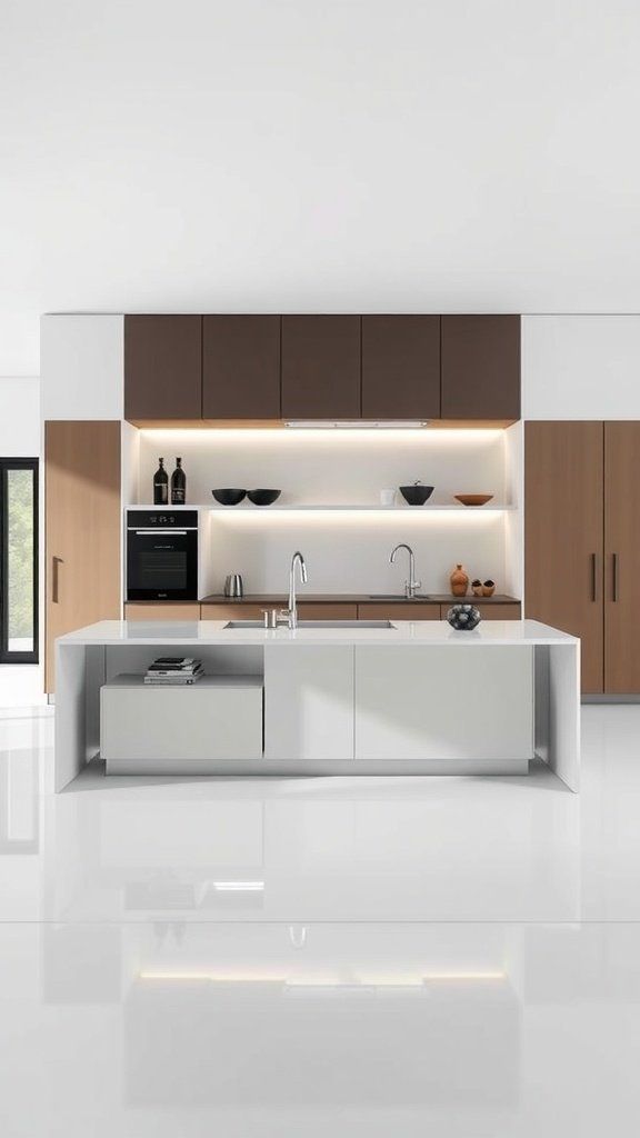 A minimalist kitchen featuring a sleek island with integrated seating.