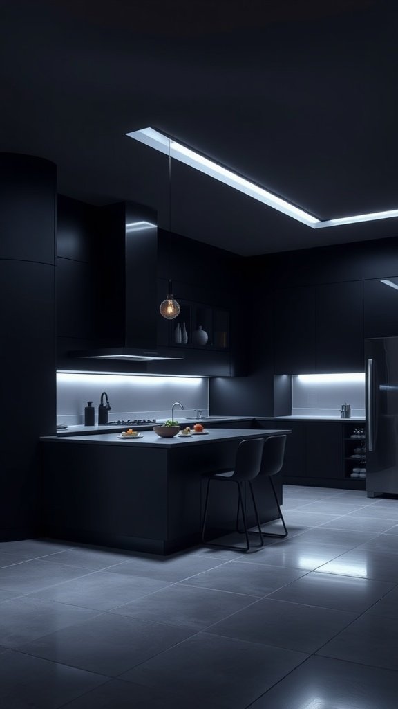A modern kitchen featuring dark cabinetry and sleek lines, illuminated by dramatic lighting.