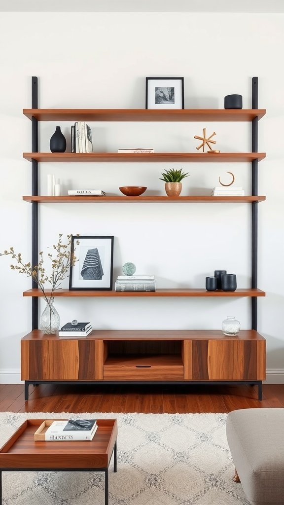 A modern living room featuring walnut shelves and furniture.