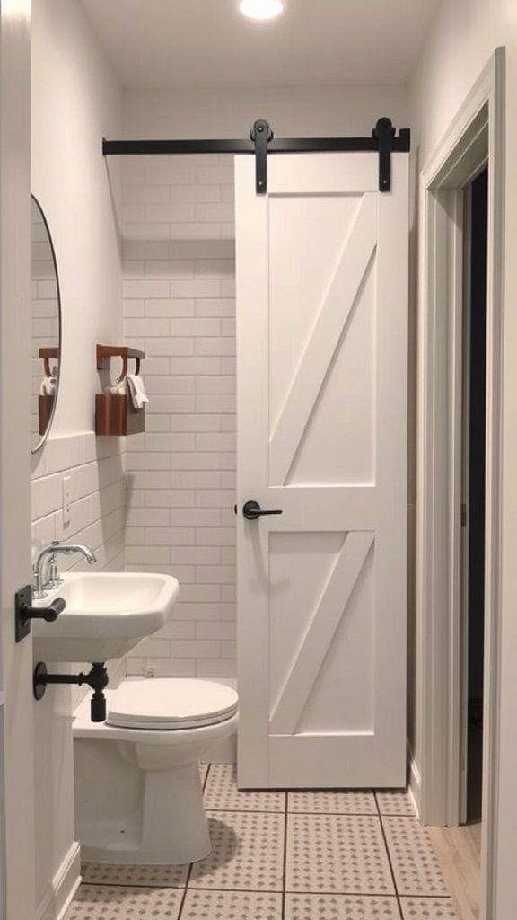 A narrow bathroom featuring a sliding barn door, sink, and toilet, showcasing space efficiency.