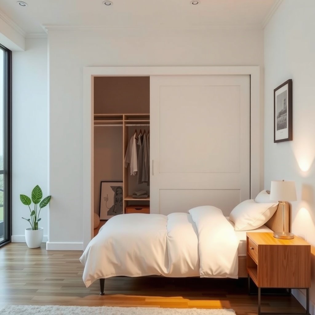 A modern bedroom featuring a bed, nightstand, and sliding closet doors.
