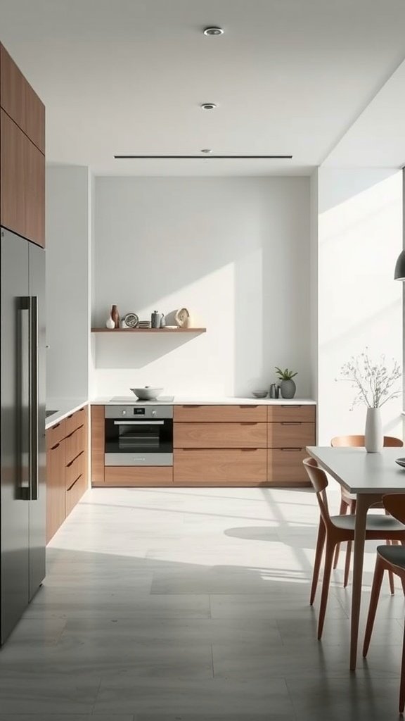 A modern minimalist kitchen featuring sleek sliding doors and smart storage solutions.