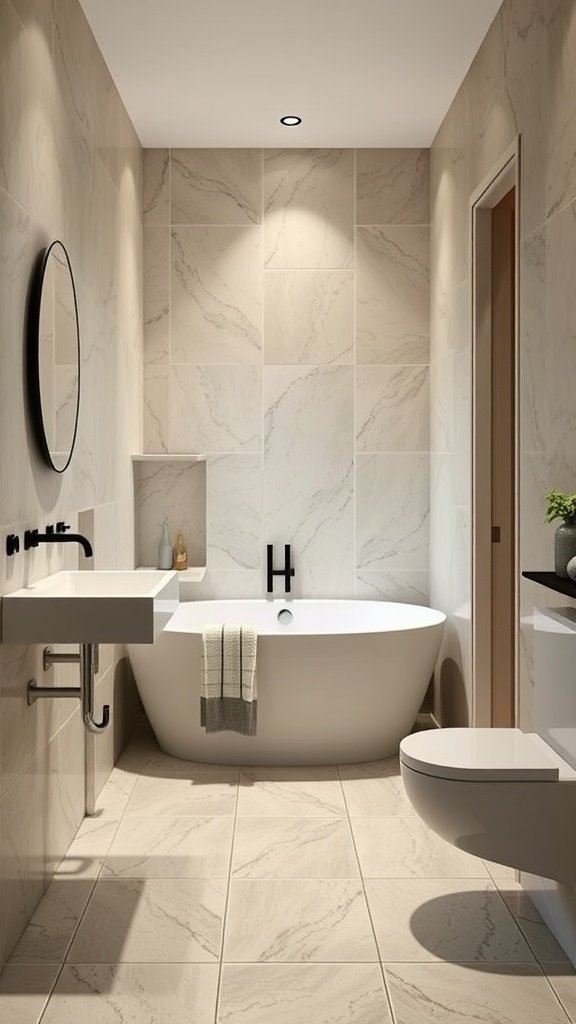 A modern bathroom with a slimline bathtub, sleek sink, and minimalist design.