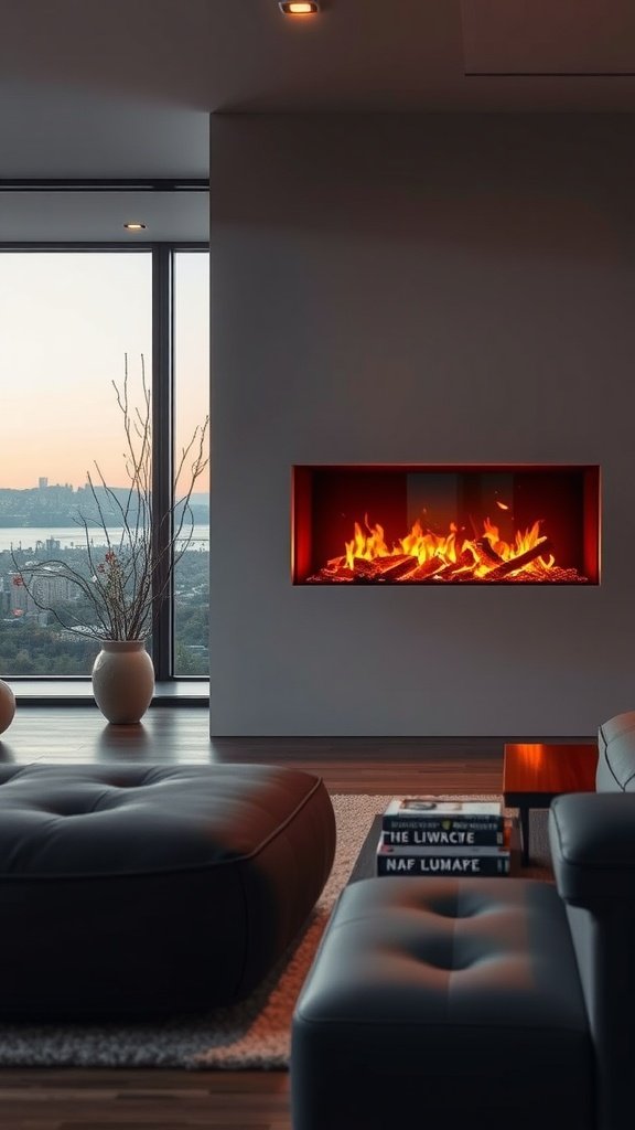 A modern fireplace integrated with technology, featuring a sleek design and vibrant flames.