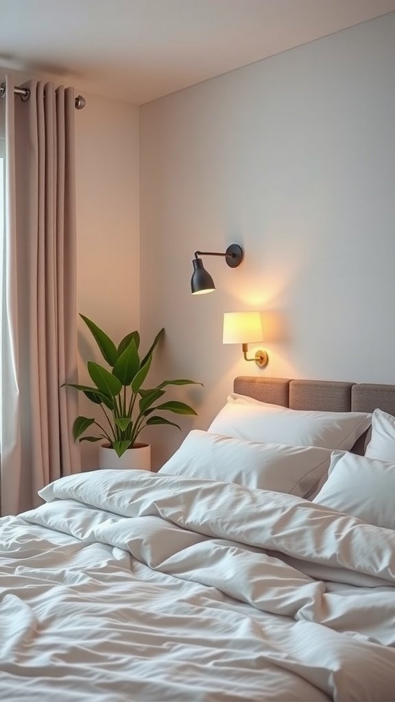 A cozy bedroom with a plant, soft bedding, and stylish lighting.