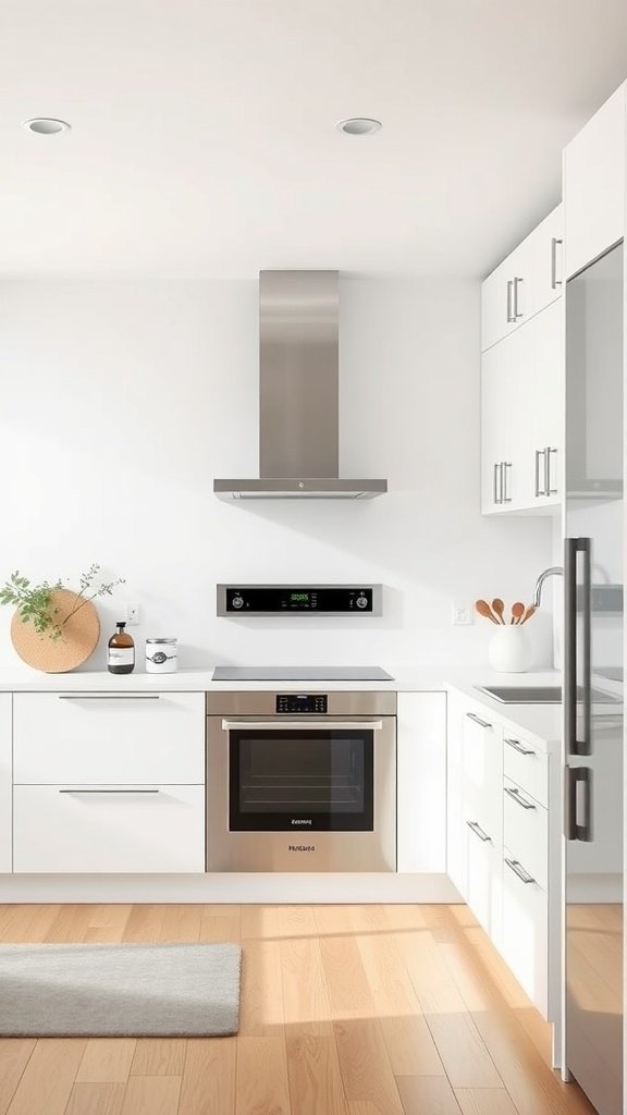 Modern minimalist kitchen with smart home integration features.