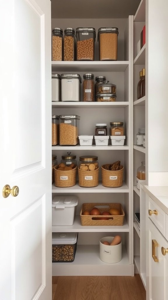 A well-organized modern pantry with clear containers, labeled baskets, and clean lines.