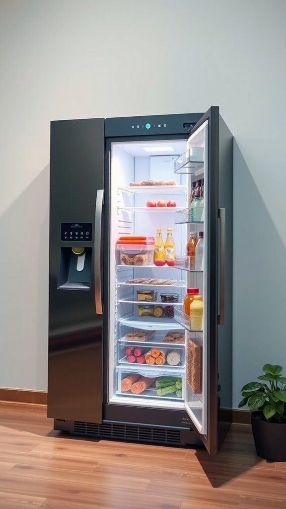A modern refrigerator with an open door showcasing fresh food and beverages.