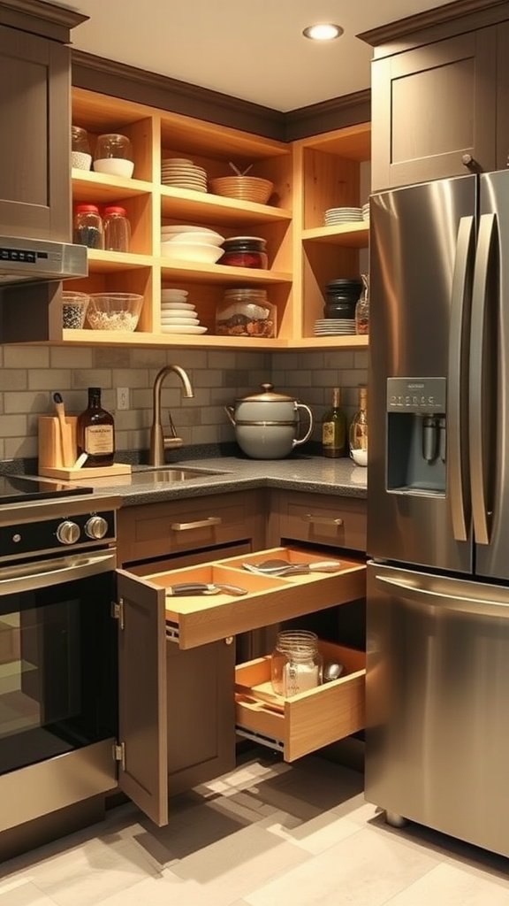 A modern kitchen featuring pull-out drawers and open shelving for efficient storage.