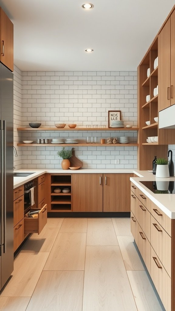 Modern kitchen with open shelves and wooden cabinets, showcasing smart storage solutions.