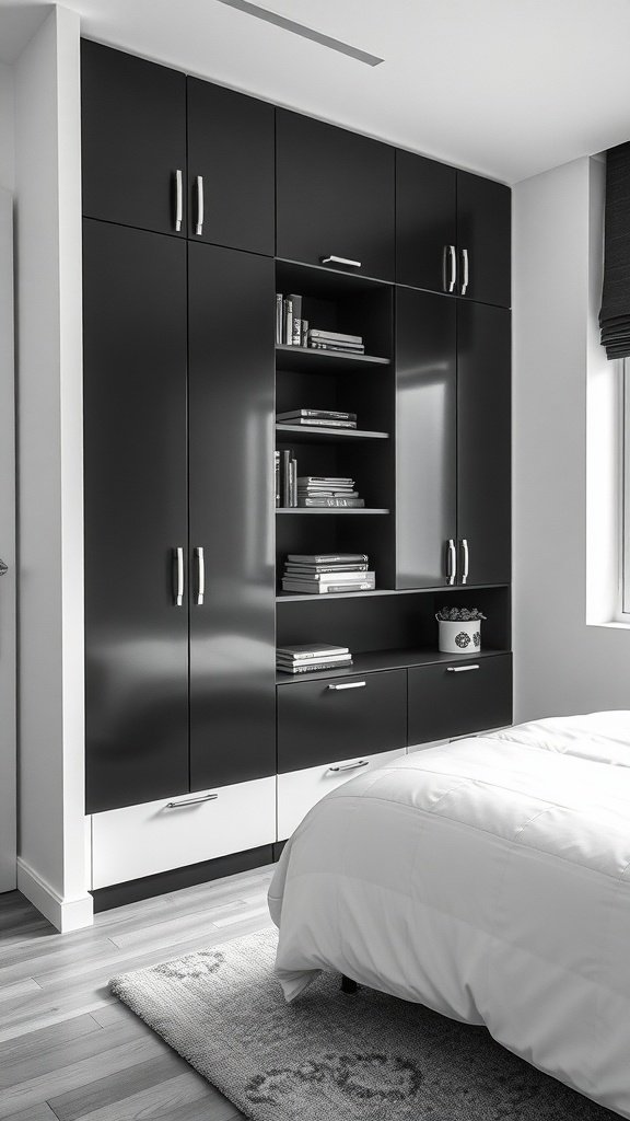 Stylish black and white storage cabinet in a modern bedroom.
