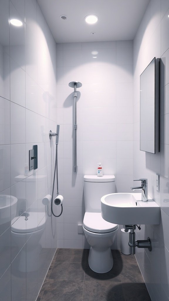 A narrow bathroom featuring a compact toilet, wall-mounted sink, and shower, designed for space efficiency.