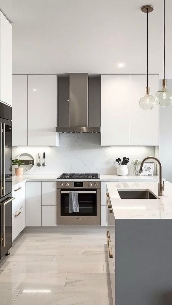 A modern kitchen featuring marble countertops, sleek cabinets, and stylish fixtures.