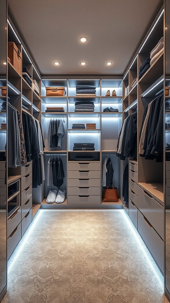 A modern walk-in closet with organized shelves, soft lighting, and stylish storage.