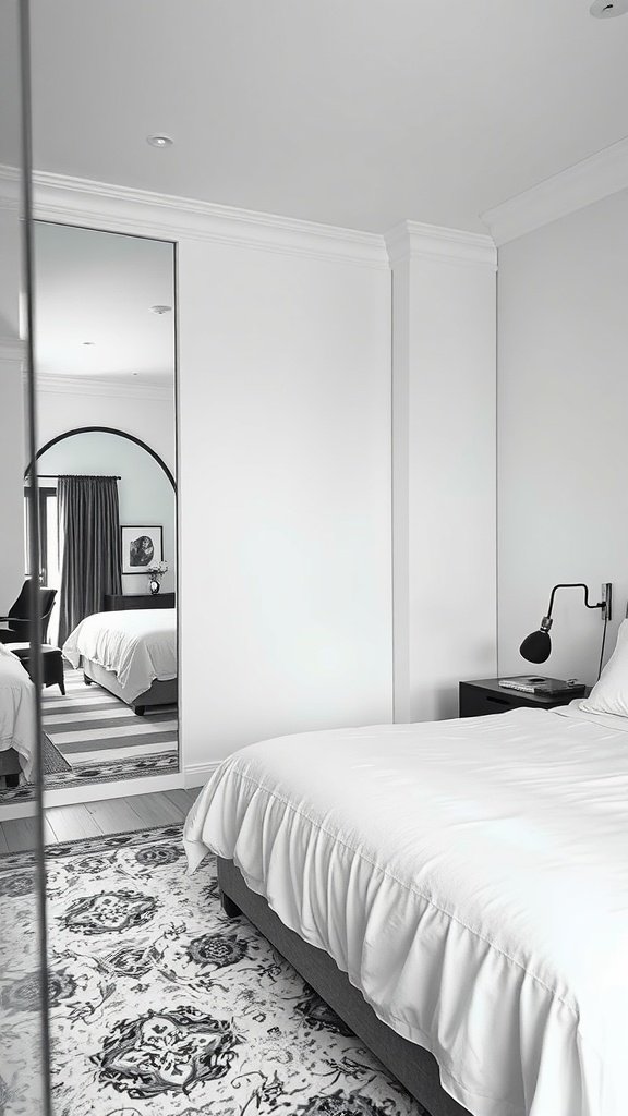 A monochrome bedroom featuring a large mirror, white bedding, and a textured rug.