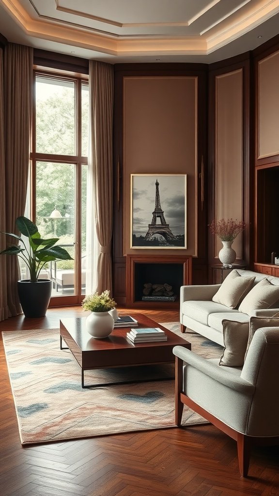 A modern living room featuring smooth cherry wood surfaces and a cozy atmosphere.