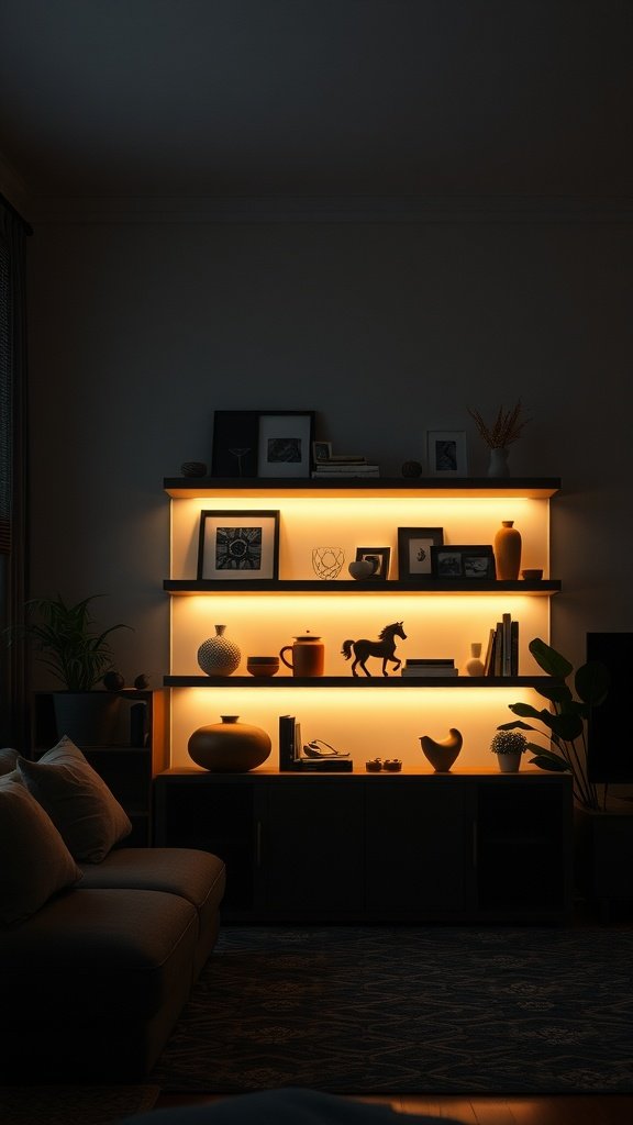 A dimly lit living room showcasing softly backlit shelves with decorative items.