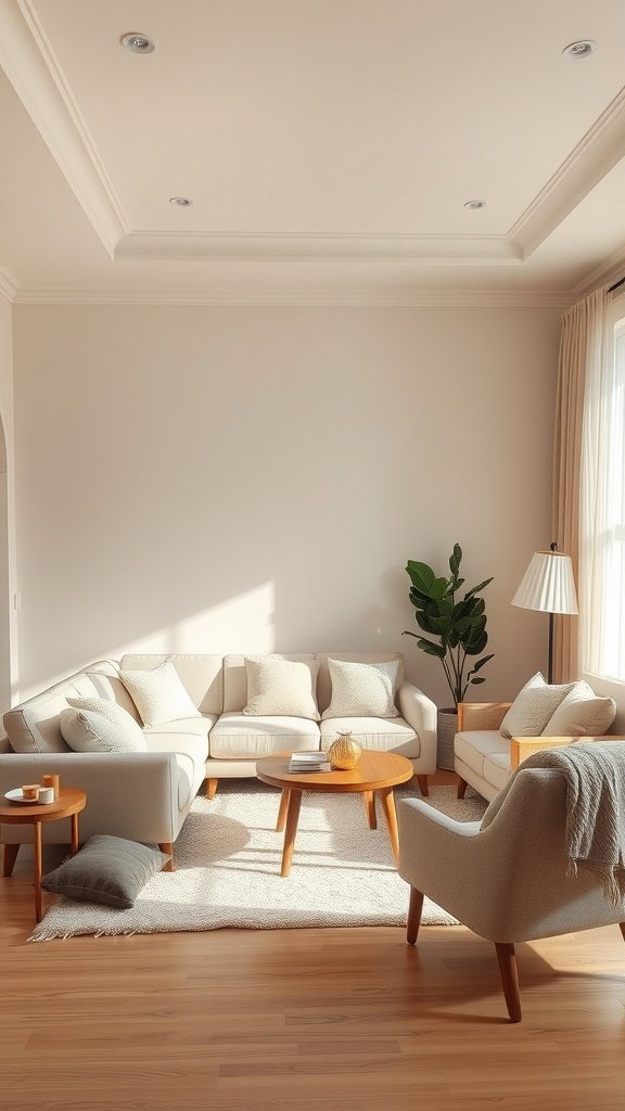 A serene living room featuring soft beige furniture and natural light.