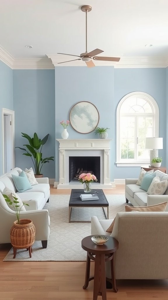 A stylish living room featuring soft blue walls with white furniture and colorful accents.