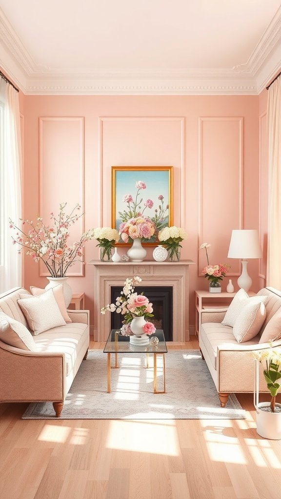 A cozy living room featuring soft blush pink walls, elegant furniture, and floral decorations.