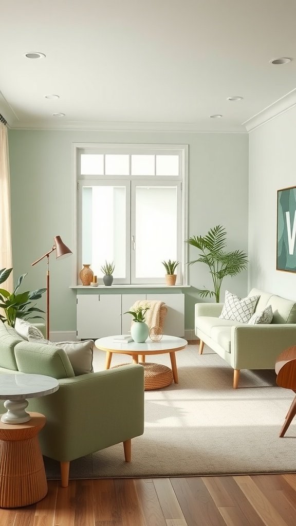A cozy living room featuring soft celery green sofas, a round coffee table, and potted plants.