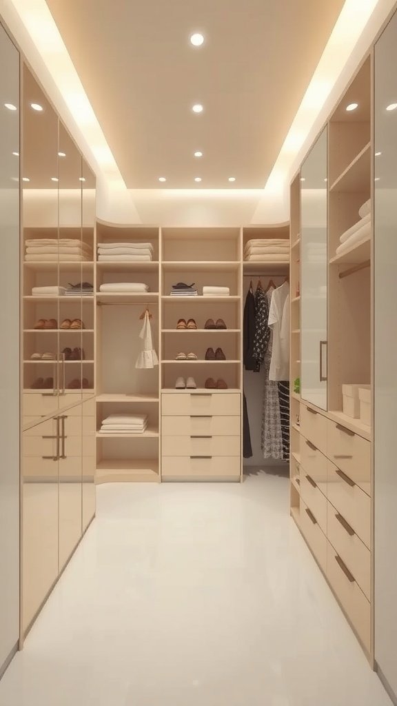 A walk-in closet featuring a soft color palette with beige and cream tones, neatly organized shelves, and overhead lighting.